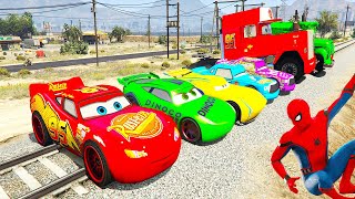 SPIDERMAN Mcqueen MACK TRUCK TANKS TRAIN Stop Challenge ! SUPERHEROES HULK Disney Cars RACE - GTA V