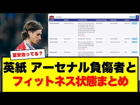 【最新】アーセナル負傷者リストとフィットネステスト状況 - 冨安、パス？