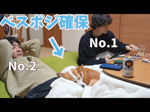 我が家の格付けNo.１とNo.2に挟まれてご満悦なコーギー犬