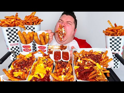 Extra Cheesy Chili Cheese Fries, Loaded Mega Bacon Fries, & Cheesy Deep Fried Mozzarella • MUKBANG