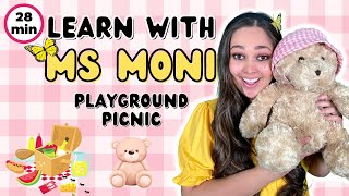 Learn With Ms Moni | First Words, Food, Animals, Colours | 5 Little Ducks, Ants Go Marching & More