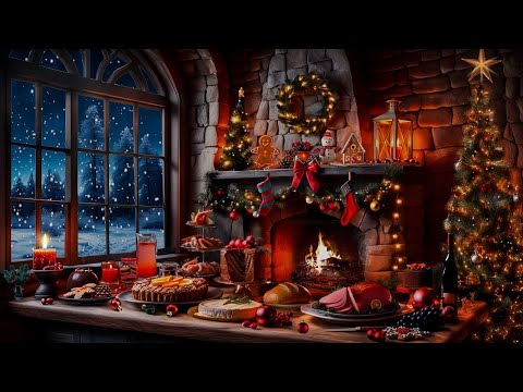 COZY CHRISTMAS FEAST- FESTIVE HOLIDAY KITCHEN-CRACKLING FIREPLACE-SNOW FALL-CHRISTMAS TREE-SANTA