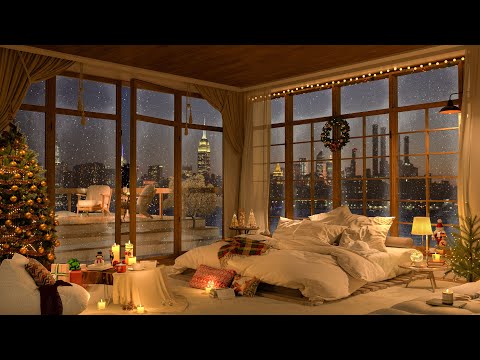 Nighttime Jazz Refuge – 4K Warm Bedroom with City Views, Fireplace Comfort, and Gentle Melodies 🔥🎶