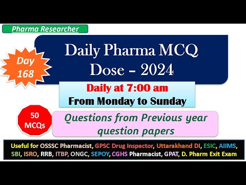 Day 168 Daily Pharma MCQ Dose Series 2024 II 50 MCQs II #exitexam #pharmacist #druginspector #dsssb