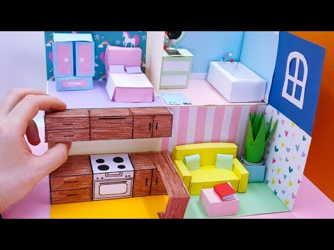 DIY Paper Dollhouse | Paper Miniatures | paper bedroom, living room, bathroom and kitchen