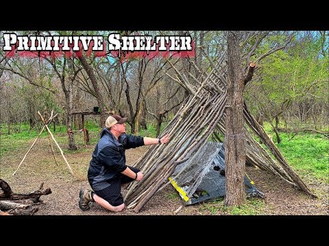 Building Primitive Shelter Day 2 of 7 Day $100 Walmart Survival Challenge