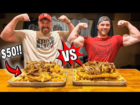 Dirty Bird's Big Pork, Beef, and Fried Chicken Cheese Fries Challenge vs Competitive Bodybuilder!!