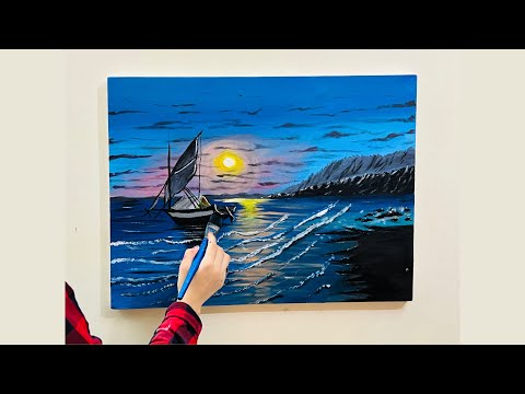 How to Paint a Tranquil Seaside Scene with a Boat at Sunset 🌅⛵