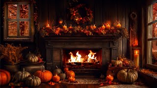 AUTUMN COZY FIREPLACE AMBIENCE-PUMPKINS & FARMHOUSE-FALLING LEAVES-CRACKLING FIRE-THANKSGIVING ASMR