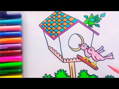 Drawing and Painting Birds and Birds house for Kids & Toddlers | Simple Drawing, Coloring #drawing