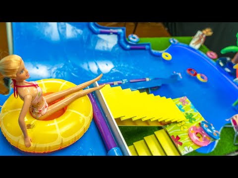 HOW TO BUILD MINIATURE POOL - Water SLIDE Barbie Elsa and Anna dolls pool party!