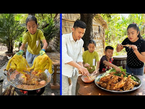 4 chefs together enjoy crispy KFC chickens at home - Cooking with Sreypich