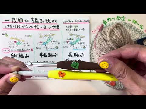 かぎ針97　一段目＝作り目からの編み比べ（細編み、中長編み、長編み）2023年10月5日