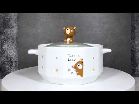 Ceramic Whimsical Honey Bees Bear 30oz Noodle Dessert Food Bowl W/ Glass Lid