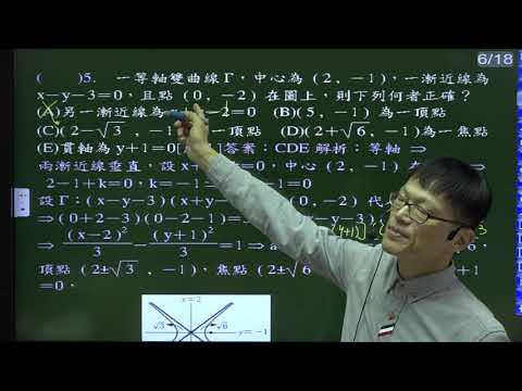 B4--4-3--練習卷--多選5---已知一雙曲線的漸近線、中心，且過另一已知點，求另一漸近線、頂點、焦點、貫軸