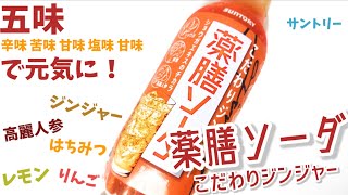 サントリー『薬膳ソーダこだわりジンジャー』！五味(甘味、酸味、辛味、塩味、苦味)でからだの芯から活力がみなぎる炭酸ジュース！幸せの炭酸ジュース　炭酸飲料新商品