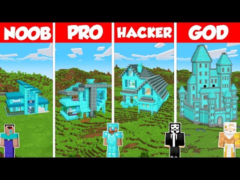 Diamond House Build Battle Challenge - Noob vs Pro vs Hacker vs God - Minecraft Animation