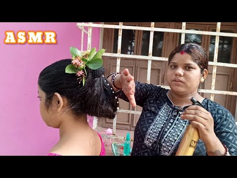 ASMR Fast Doing My Sweet Sister Indian Village Festival Hair Binding Style (Whispering) 👧🌹💋