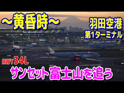 黄昏(たそがれ)時の美しさ。富士山と羽田空港。サンセット富士を追う。