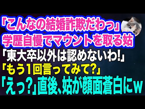 「結婚詐欺だわっ‼」学歴自慢でマウントを取る姑「東大卒以外は家族として認めない！」→直後「もう1回言ってみて？」「えっ？」ある人物が現れ姑が顔面蒼白にｗ【スカッとする話】