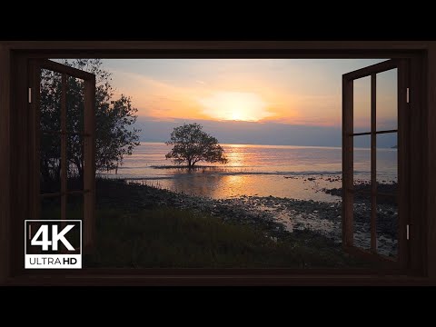 Relax with this 4K Window View of a Beautiful Sunset at a Lake with Soothing White Noise (ASMR)