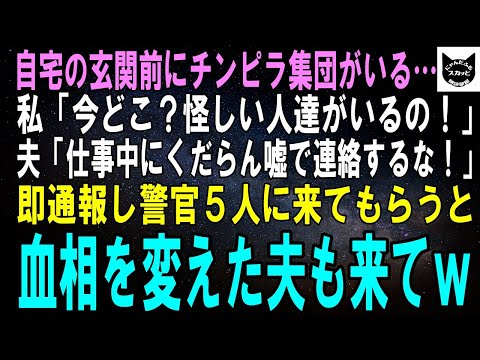 【スカッとする話】母とスーパーから帰ると、玄関前にチンピラ集団がいる…電話で私「今どこ？怪しい人達がいる！」夫「くだらん嘘で連絡するな！」即通報し警官5人に来てもらうと血相を変えた夫も来てｗ【修羅場】