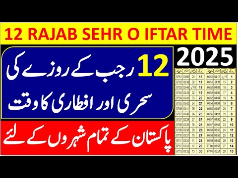 12 Rajab Ke Roze Ka Time Table 2025 | Sehri Time Today 2025 | Iftar TIme Today 2025 | Rajab 2025