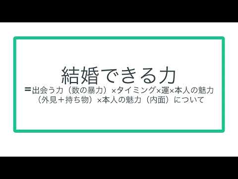 結婚できる力🟰出会う力（数の暴力）×タイミング×運×本人の魅力（外見＋持ち物）×本人の魅力（内面）について