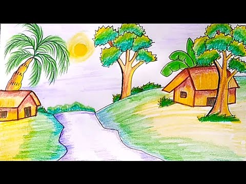 how to draw scenery step by step for beginners | গ্রামের দৃশ্য আৃকা ও রঙ করা