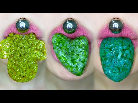 ASMR GREEN FROGG EGG JELLY PEARL SEED PUDDING LIPS MUKBANG 초록 개구리알 젤리 씨앗 펄 푸딩 입술 먹방