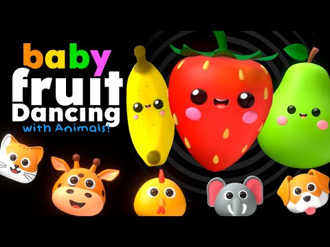 BABY FRUIT DANCING with Animals  🍎🍊🍋‍🍏🍇 Sensory Video with Pop Music 🐦🐯🐤🐊🐋