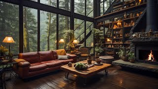 Relaxing Jazz Instrumental Music For Stress Relief - Cozy Living Room Inside Forest on Rainy Day 🌧️