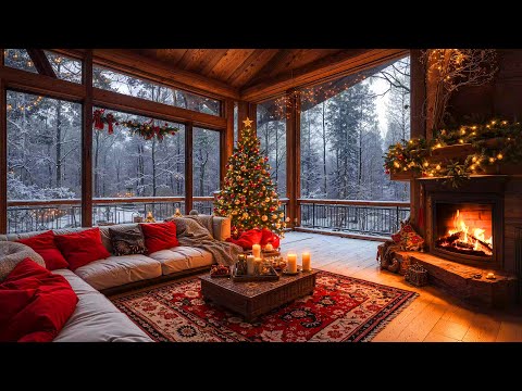 Soft Christmas Piano Jazz Music for Relax 🎄 Cozy Fireplace Sounds at Warm Christmas Balcony Ambience