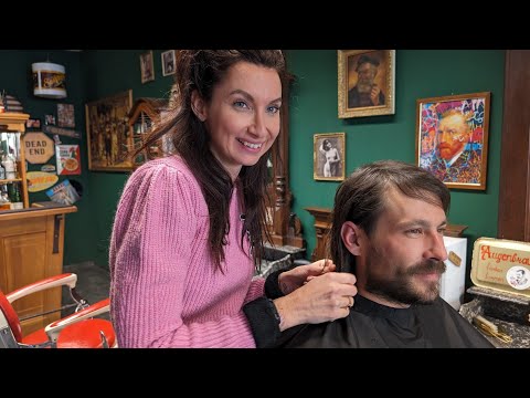 ASMR Female Barber cutting mens hair 😉 Scissors only