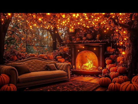 Cozy Porch Space in the Autumn Forest 🍁 Jazz, Pumpkin Glow and Crackling Fireplace for Sleep & Heal🎃