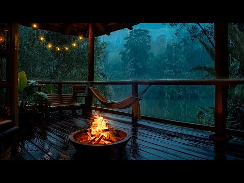 Rainy Day In Wooden Balcony⚡Immerse Yourself in Sounds of Fire, Rain and Thunder for Deep Sleep