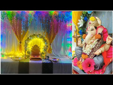 गणपती डेकोरेशन simple and easy mandap decoration ideas #ganpatidecoration2024