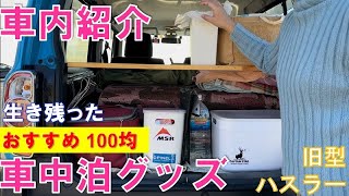 【車内紹介】初心者がたどり着いたおすすめ100均車中泊グッズ・設営を紹介【ハスラー】best car camping goods and small car set up