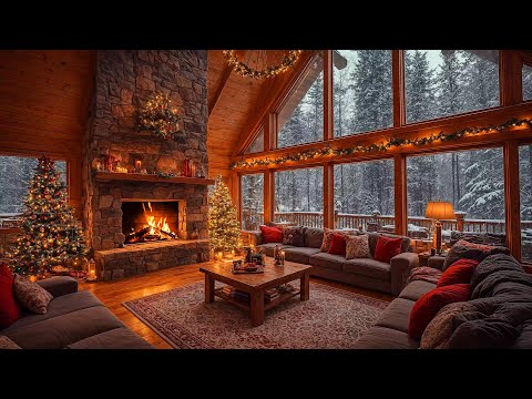 Smooth Christmas Jazz 🎅 Cozy Winter Cabin with Warm Fireplace Burning, Snowfall ~ Christmas Ambience