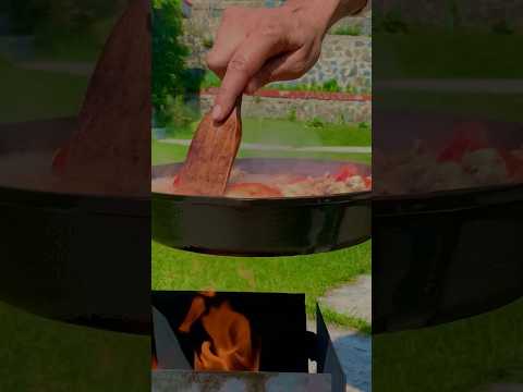 Tomatoes 🍅 chicken 🍗 #asmr #woodstove #cookyourself #forestcamping #forest #stove #forestcooking