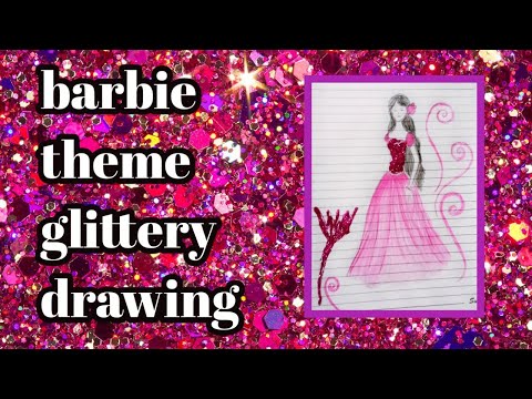 Barbie Doll/how to draw barbie drawing/Barbie glitter drawing/easy barbie dress drawing with glitter