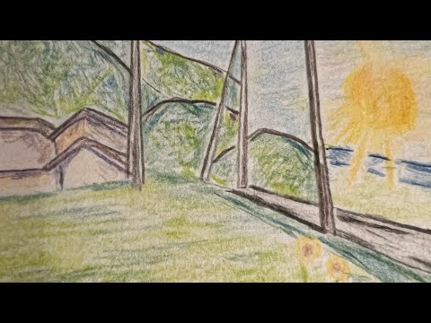 記憶の中の故郷田舎風景/【色鉛筆画】