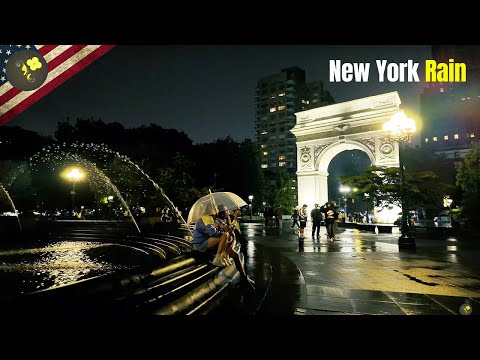 Virtual Reality New York : Rainy Night Walk in 4K with Umbrella Sounds 🌧️☔🗽