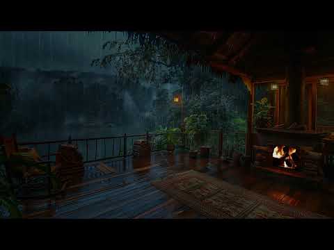 Rainy Balcony In Tropical Forest🔥Crackling Fireplace, Rain and Thunder Sounds for Relaxing, Healing