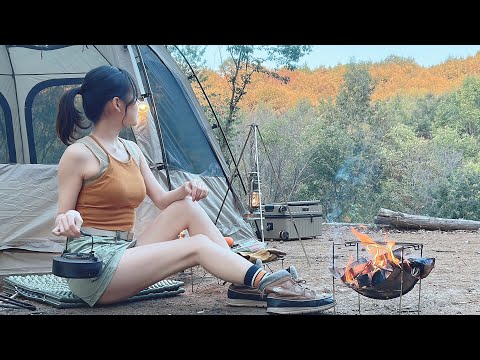 Burned the pizza on bonfire, Mountaintop camping,  A huge outbreak of bugs, Japanese camping girl