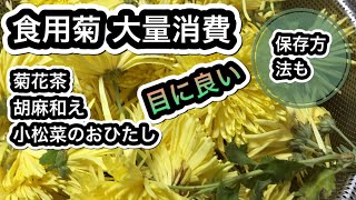 食用菊で三品  菊花茶、小松菜おひたし、胡麻和え。大量消費。保存方法も。