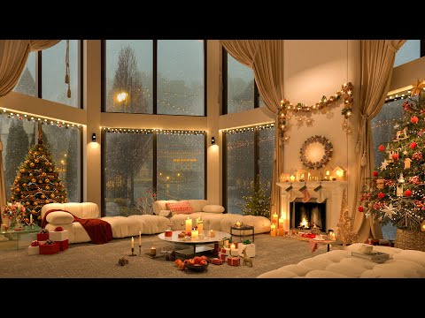 Christmas Jazz Sanctuary – 4K Modern Living Room with Fireplace Comfort and Winter Views 🎄❄️