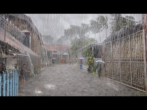 Super heavy rain strong winds, thunderstorms and floods don't stop in my village - heavy rain walk