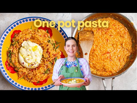 One pot cherry tomato pasta with orzo and creamy burrata