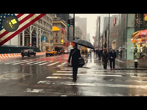 Walking in the Rain - New York City USA - 4K Virtual Tour - NY, New Year's vibe .